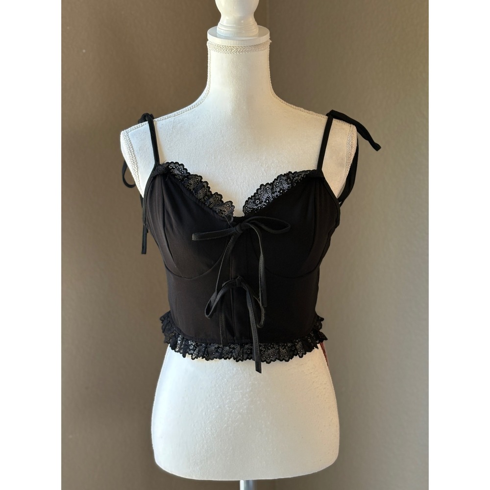 SHEIN Black Lace Trim Tie Front Cami Top Women Large Crop Tank